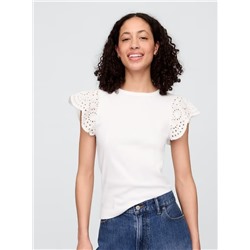 Ribbed Eyelet Flutter Sleeve T-Shirt