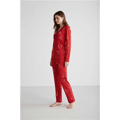 U.S. Polo Assn. Kadın %100 Pamuklu Kırmızı Yıldız Desenli Boydan Patlı Düz Paça 2'li Pijama Takımı 26980