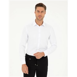 Beyaz Slim Fit Armürlü Uzun Kollu Gömlek