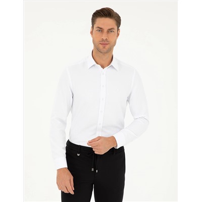 Beyaz Slim Fit Armürlü Uzun Kollu Gömlek