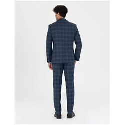 %100 Yün Ekose Lacivert Ekstra Slim Fit Takım Elbise