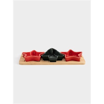 Набор для закусок, 3 пр, на подставке, керамика/бамбук, красно-зеленый, Елка и звезды, New year