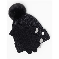 LADIES POM POM FLEECE BEANIE AND GLOVE SET