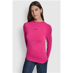 SIDE RUCHED HIGH NECK LONG SLEEVE TOP WITH RHINESTONE