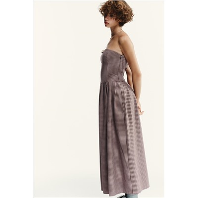 GINGHAM CHECK STRAPLESS MIDI DRESS