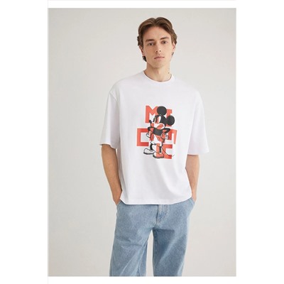 Mavi Mickey Mouse Baskılı Beyaz Tişört Boxy Fit 0612561-620