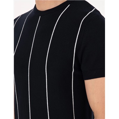 Lacivert Slim Fit  Bisiklet Yaka Çizgili Triko Tişört
