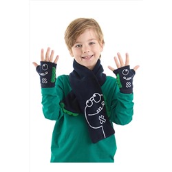 Denokids Tırtır Dinozor Lacivert Polar Atkı Parmaksız Eldiven Takım CFF-22S1-119