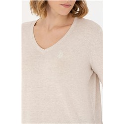 Kadın Krem Melanj V - Yaka Basic Kazak