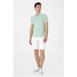 Erkek Slim Fit Polo Yaka Su Yeşili Yıkamalı Basic Tişört