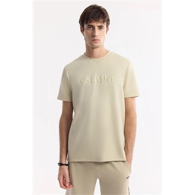 Avva, Erkek Bej Bisiklet Yaka Baskılı Bi Stretch Interlok T-shirt A51y1131