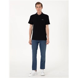 Siyah Slim Fit Örme Dokulu Polo Yaka Tişört