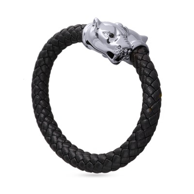 Браслет Пантера (кристаллы SW черные, натуральная кожа; покрытие родий), Есть комплект