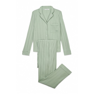 Pijama camisero largo algodón canalé verde