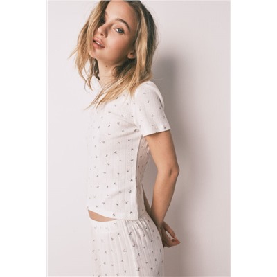 Pijama largo algodón blanco estampado miniflores