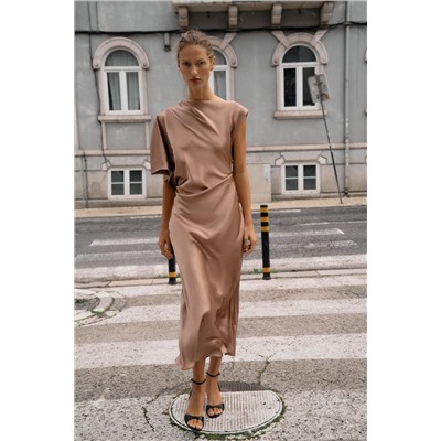 SATIN ASYMMETRIC SLEEVE MIDI DRESS