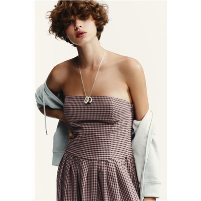 GINGHAM CHECK STRAPLESS MIDI DRESS
