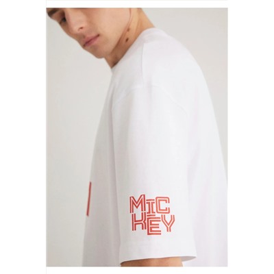 Mavi Mickey Mouse Baskılı Beyaz Tişört Boxy Fit 0612561-620