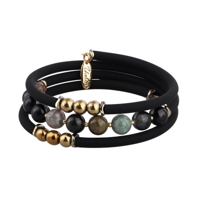 Браслет Терра (турмалин микс, каучук черный; покрытие золото), Есть комплект