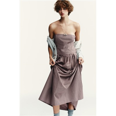 GINGHAM CHECK STRAPLESS MIDI DRESS