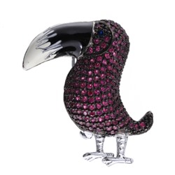 Брошь Тукан (фианит фуксия; покрытие родий), Есть комплект