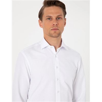 Beyaz Slim Fit Uzun Kollu Armürlü Gömlek