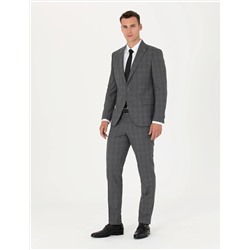 Füme Ekose Yün Karışımlı Ekstra Slim Fit Takım Elbise