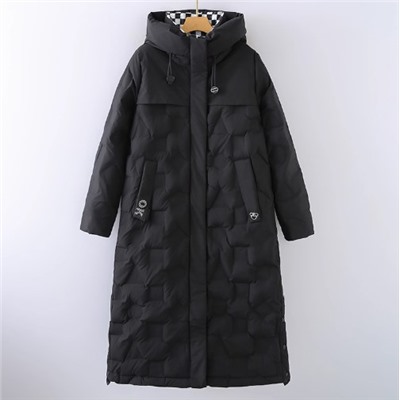 Женское теплое зимнее длинное хлопковое пальто с капюшоном в клетку