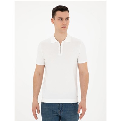 Beyaz Slim Fit Fermuarlı Polo Yaka Triko Tişört