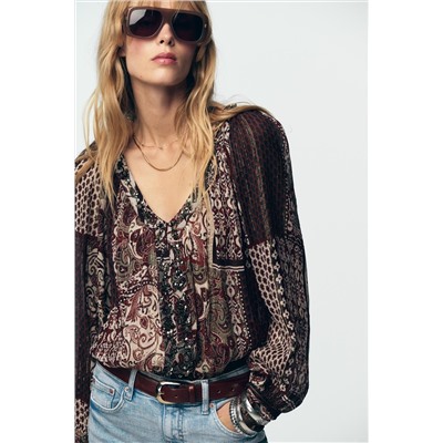 BEADED BLOUSE WITH METALLIC THREAD PRINT