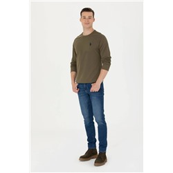 Erkek Haki Bisiklet Yaka Basic Sweatshirt