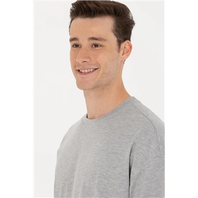 Erkek Gri Melanj Comfort Long Bisiklet Yaka Tişört