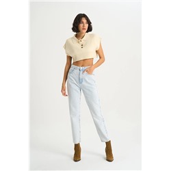 CROSS JEANS Ariana Açık Mavi Yüksek Bel Pat Fermuarlı Mom Jean Pantolon C 4525-127
