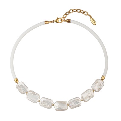 Колье Гевея (жемчуг белый, каучук белый; покрытие золото) 40-45см, Есть комплект