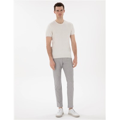 Ekru Slim Fit Bisiklet Yaka Triko Tişört