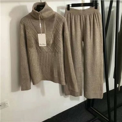 MaxMar* новый вязаный спортивный костюм, толстовка с высоким воротником и длинными рукавами с полумолнией + повседневные брюки, белый, розовый, черный, темно-коричневый, серый, абрикосовый, [один размер подходит всем, ширина плеч 60, обхват груди 120, длина рукава 55, длина одежды 58; талия 66, резинка, длина 101]