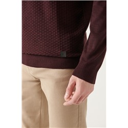 Bordo Bisiklet Yaka Önü Dokulu Regular Fit Triko Kazak