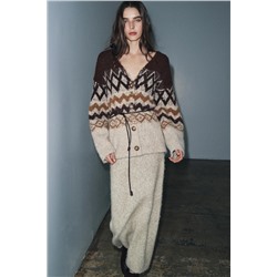 JACQUARD SEQUIN KNIT CARDIGAN WITH BELT