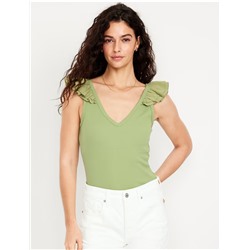 Ruffle-Trim Mixed Material Top