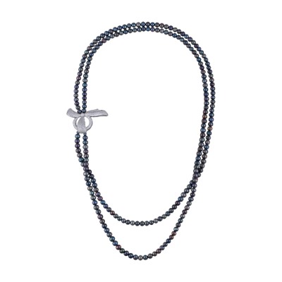 Колье (жемчуг 7-8мм бензиновый, белый фианит; покрытие родий) 90см, Есть комплект