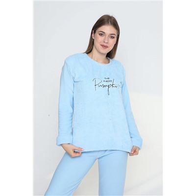 VariaMart Mavi Pumpkin Desenli Wellsoft Kumaş Uzun Kollu Kışlık Kadın Pijama Takımı VM211