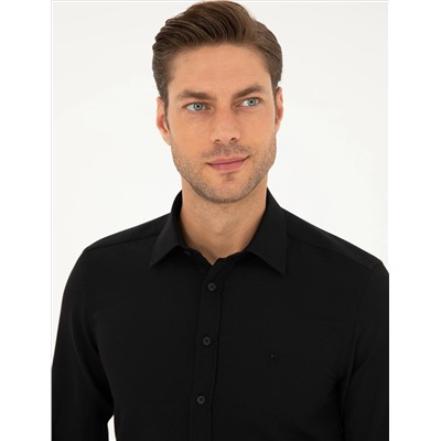 Siyah Slim Fit Armürlü Uzun Kollu Gömlek