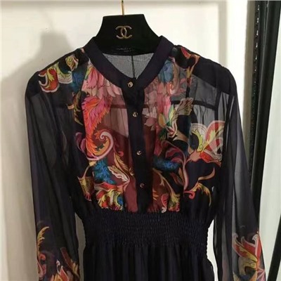 платье в стиле ретро с цветочным принтом и эластичной резинкой на талии с длинными рукавами, длинная юбка, синяя, S-XL, [размер S; ширина плеч 36, обхват груди 90, резинка по талии 56, длина рукава 57, длина 132]