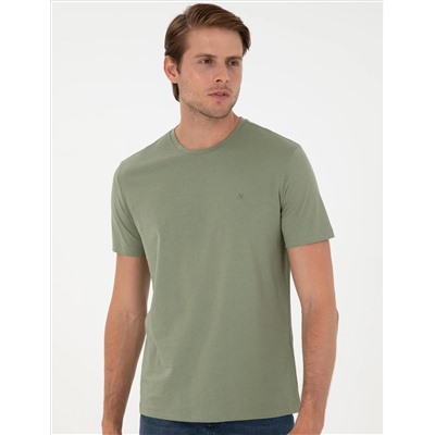 Haki %100 Pamuk Slim Fit Bisiklet Yaka Basic Tişört