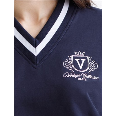 Свитшот среднего объема с V вырезом и принтом из футера двухнитки с эластаном