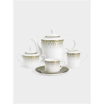 Сервиз чайный, 6 перс, 21 пр, фарфор F, бело-зеленый, с золотистым кантом, матовый, Virtus