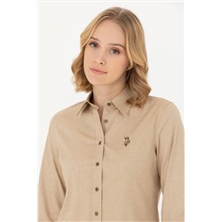 Kadın Açık Haki Uzun Kollu Basic Gömlek