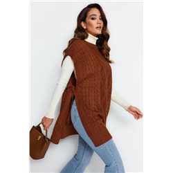TRENDYOL MODEST Kahverengi Beli Bağlamalı Saç Örgülü Triko Süveter TCTAW22UV0018