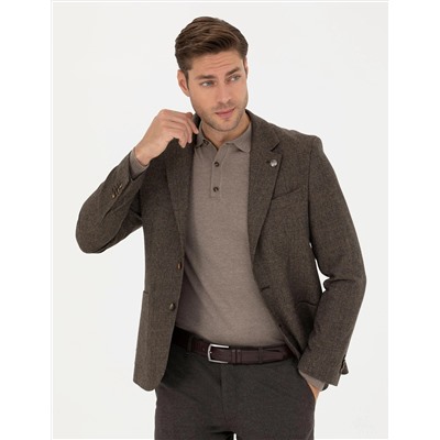 Kahverengi Yün Karışımlı Slim Fit Ceket