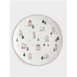 Тарелка обеденная, 27 см, фарфор N, бело-золотистая, Домики и ели, Townlet